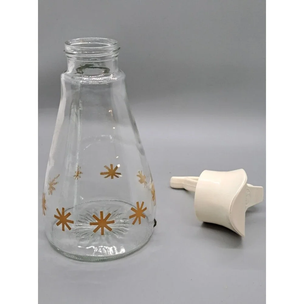 Vintage Log Cabin Syrup Dispenser Glass Gold Starburst Atomic 1960s